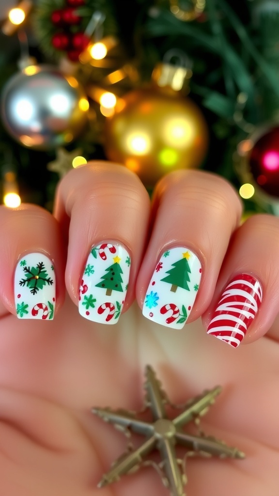 Short nails with Christmas nail art designs including snowflakes, trees, and candy cane stripes.